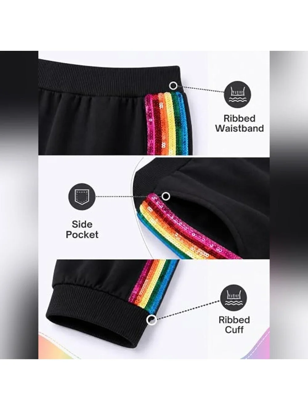NWT WELAKEN Girls 2 Piece Hoodie & Sweatpants Set, Black / Rainbow, 6-7 Yrs